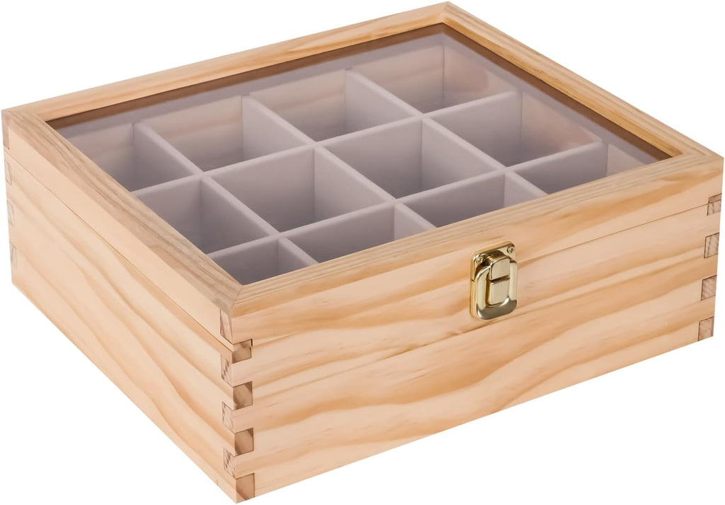 LI.TOPWP Pine Wood Tea Bag Organizer, 12 Compartments Tea Storage Box with Clear Acrylic Window, Multi-Functional Tea Bag Holder for Countertop, Kitchen Cabinet.
