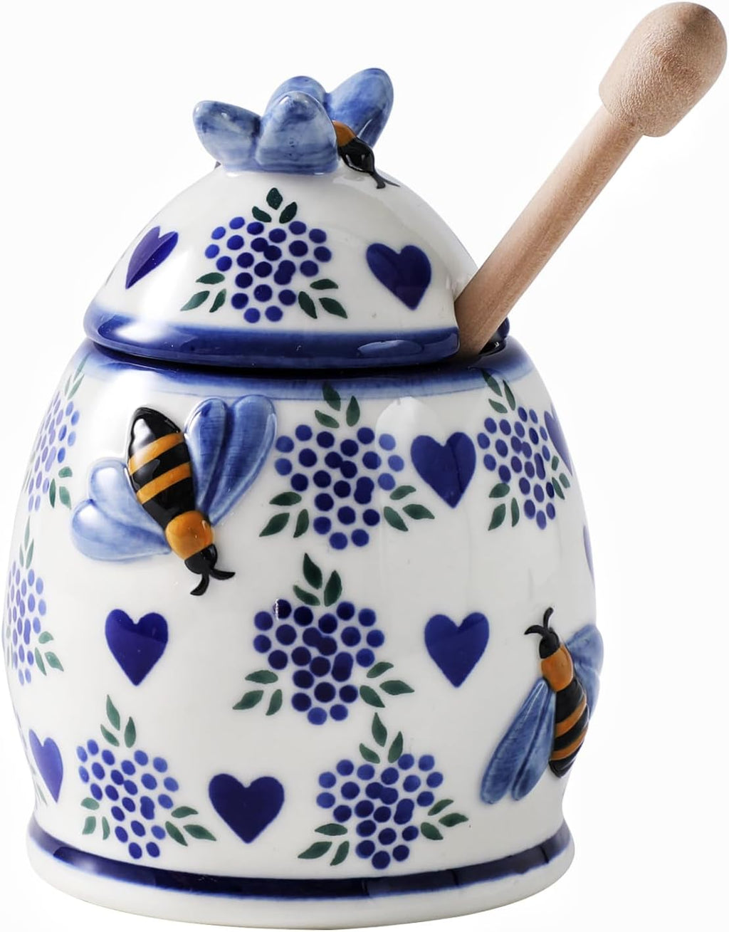 ZOOBEE Ceramic Honey Pots with Dipper and Lid Farmhouse Style,10oz Honey Dispenser No Drip,Handpainted Honey Jars with Bees,Easily Wash-Deep Love