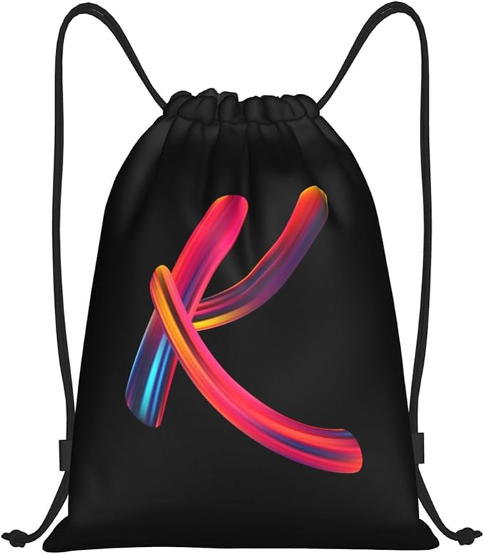 Drawstring Bags Initial Drawstring Backpack Sackpack Black Draw String Cinch Bags for Sports, Gym, Travel, Swimming, Beach, Camping, Rainbow Letter K