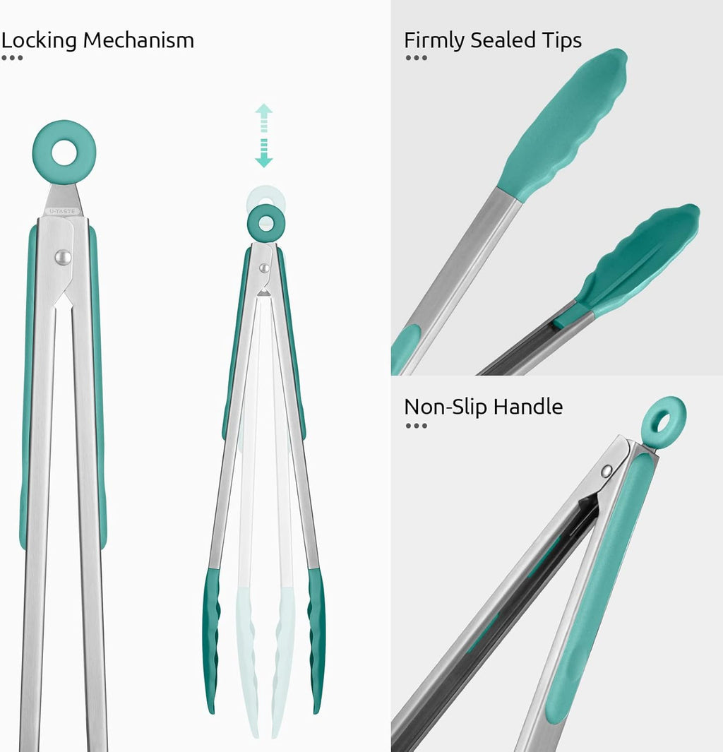 Heat Resistant Silicone Kitchen Tong: U-Taste 12 inch Large 480ºF Hot Proof Cooking Tong with Sturdy Non Stick Rubber Tips & Silicon Coated Steel Handle & Smooth Locking for Serving Salad (Aqua Sky)