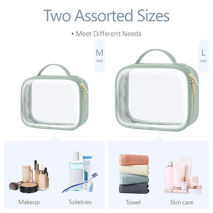 PACKISM TSA Approved Toiletry Bag, 2 Pack Clear Makeup Bags with Handle Large Opening, Clear Toiletry Bag Fit Carry-on Travel Essential, Travel Bags for Toiletries, Laurel Green