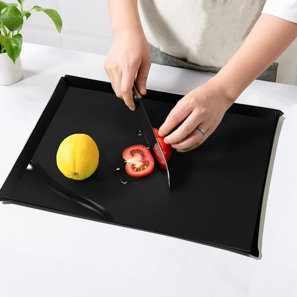 WK Flexible Plastic Cutting Boards Mats with Lip, Foldable Cutting Board for Kitchen Set of 3, Black Cutting Boards for Meat, Nonslip Cutting Mats Sheets, BPA Free, Dishwasher Safe