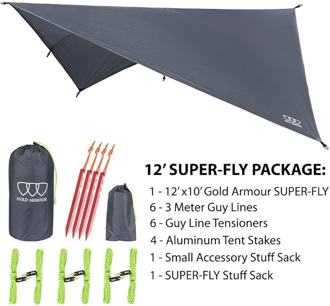 Gold Armour Rainfly Tarp Hammock, Premium 14.7ft/12ft/10ft/8ft Rain Fly Cover, Waterproof Ultralight Camping Shelter Canopy, Survival Equipment Gear Camping Tent Accessories (Gray 12ft x 10ft)