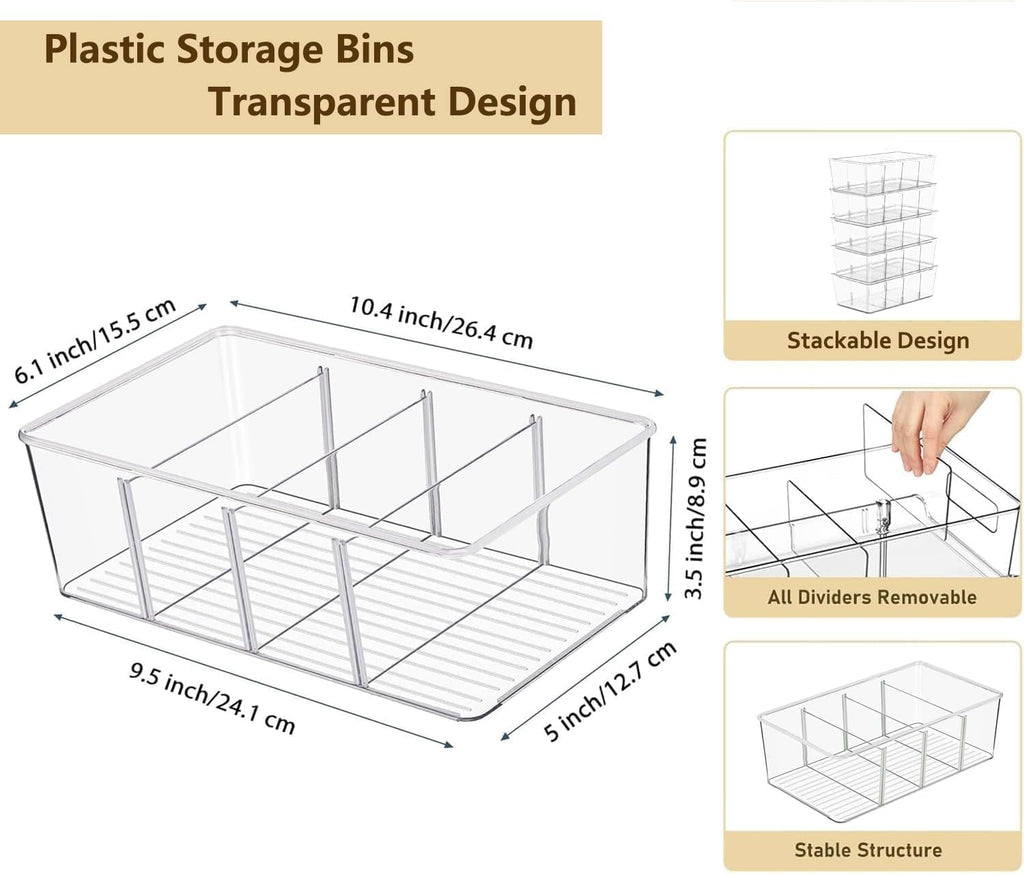 2 Pcs Clear Pantry Organizers and Storage,Plastic Storage Bins for Fridge with Removable Dividers, Kitchen Cabinet Organizers Ideal for Kitchen, Pantry, Refrigerator, Freezer, and Snack Storage
