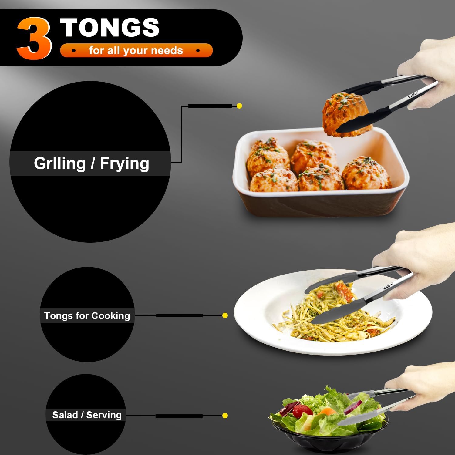 Walfos Small Silicone Tongs for Cooking- 7 inch Mini Kitchen Tongs with Silicone Tips, Great for Cooking, Turning, Serving, Food tongs Set of 3