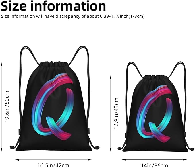Drawstring Bags Initial Drawstring Backpack Sackpack Black Draw String Cinch Bags for Sports, Gym, Travel, Swimming, Beach, Camping, Rainbow Letter Q