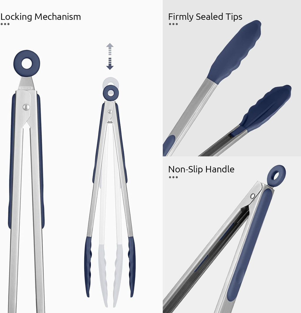 600ºF Heat Resistant Kitchen Tongs: U-Taste 9+12 inch Silicone Cooking Tong Set with Firm Sealed Non Stick Rubber Tips and Silicon Coated 18/8 Stainless Steel Handle for Serving Grilling-Midnight Blue
