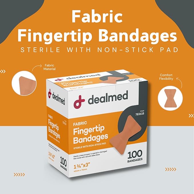 Dealmed Fabric Fingertip Flexible Adhesive Bandages – 100 Count (1 Pack) Bandages with Non-Stick Pad, Latex Free, Wound Care for First Aid Kit, 1 3/4" x 3"