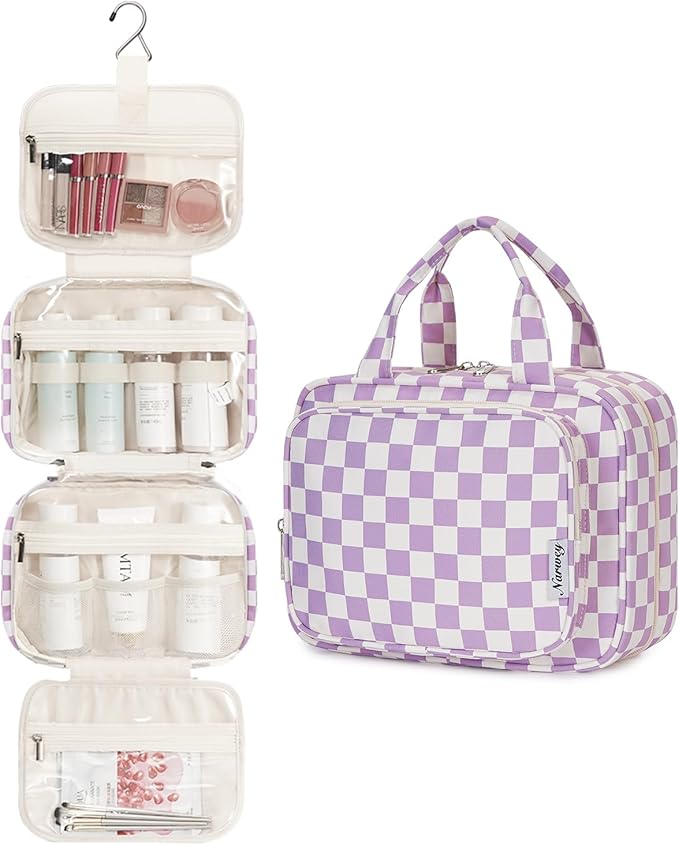 Narwey Hanging Toiletry Bag for Women Travel Makeup Bag Organizer Toiletries Bag for Travel Size Essentials Accessories Cosmetics (Purple Checkerboard (Medium))