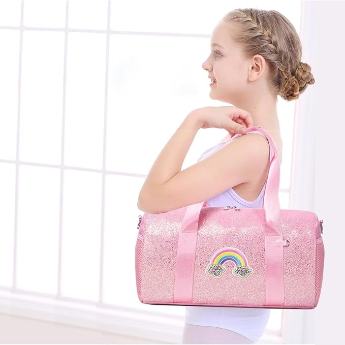 Dance Bag for Girls Ballet Bag Shiny Rainbow Glitter Sports Duffle Bag for Kids Girls Ballerina Duffle with Waterproof Dry Wet Separated Compartment
