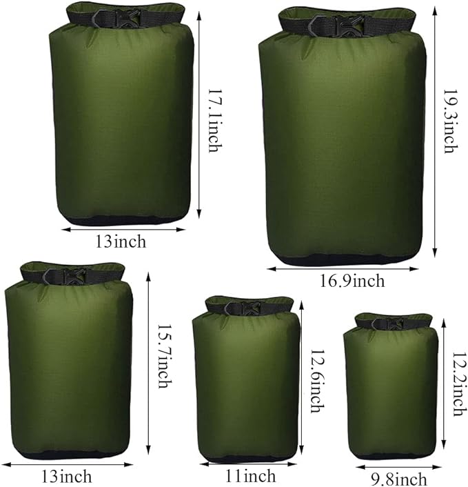 Pimoys 5 Pack Waterproof Dry Sacks, Lightweight Outdoor Dry Bags 20L /12L / 10L/ 6L/ 3.5L Ultimate Dry Bags for Kayaking Camping Rafting Boating (Army Green)