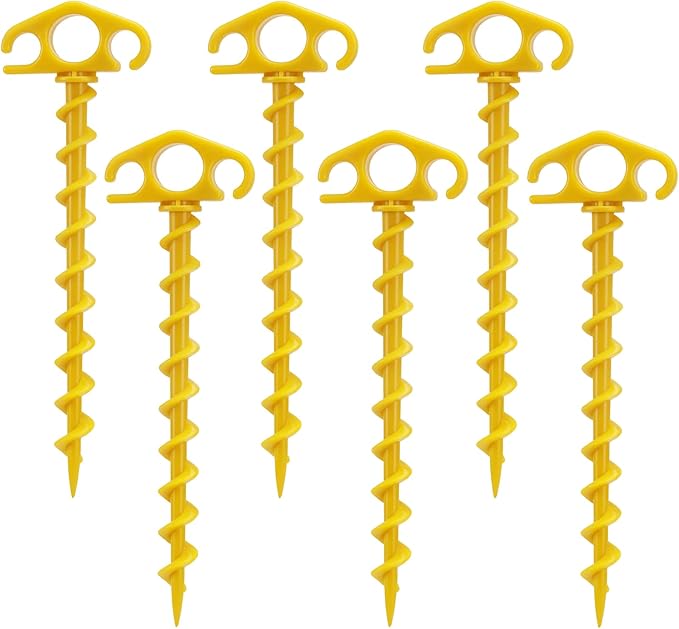 Tent Stakes Sand Stakes for Beach Tent 6 Pack Spiral Anchor Stakes 9.4 Inch Heavy Duty Screw Canopy Stakes for Camping, Hiking and More (6, Yellow)
