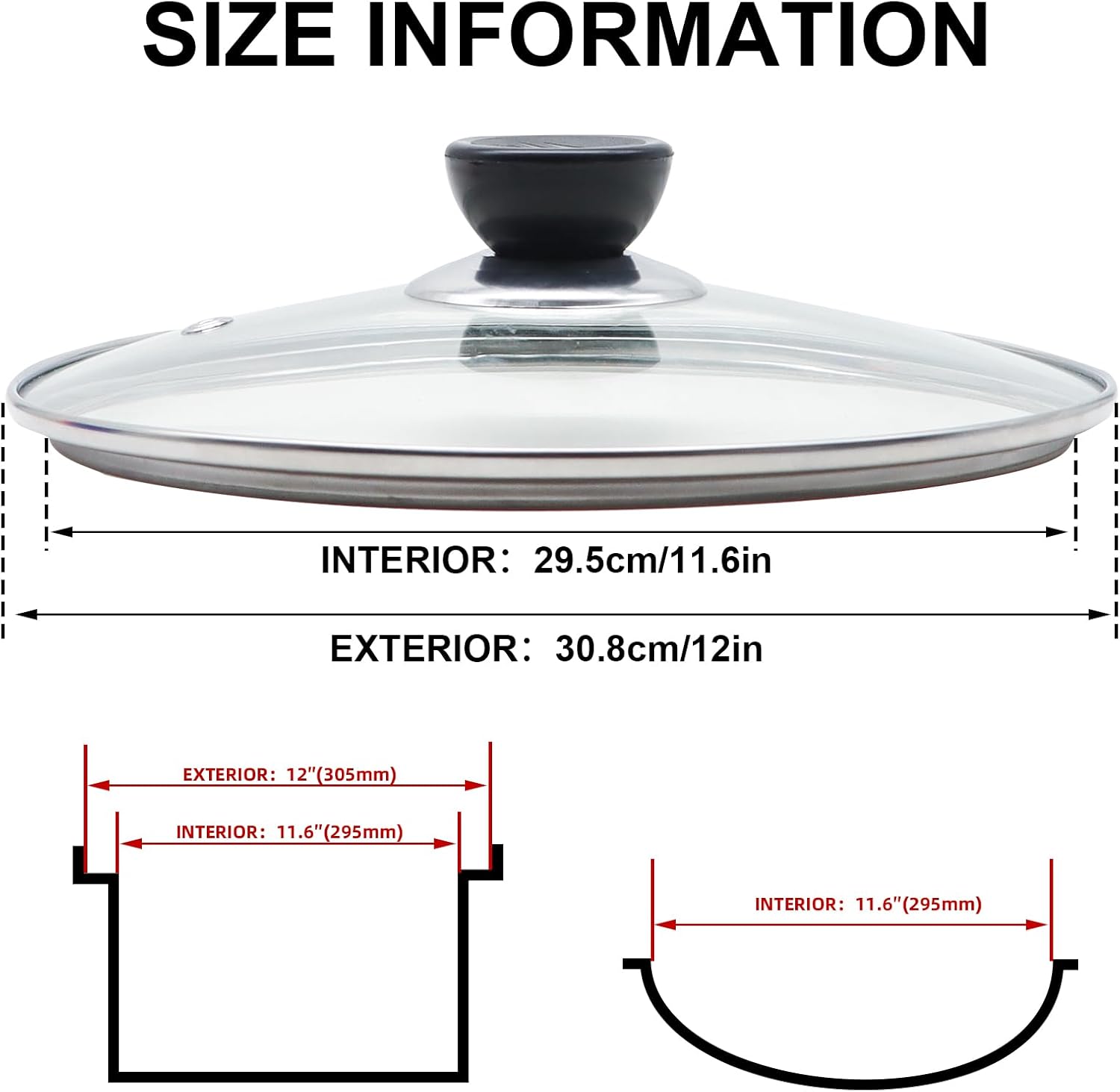 12 Inch Pan Lid, Tempered Glass Lid, Cast Iron Skillet, Pot,Replacement Pan Cover, Clear Frying Pan Lid Fits Pots, Pans and Skillets, Dishwasher Safe