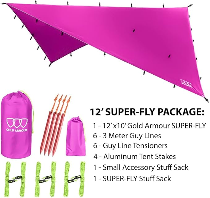 Gold Armour Rainfly Tarp Hammock, Premium 14.7ft/12ft/10ft/8ft Rain Fly Cover, Waterproof Ultralight Camping Shelter Canopy, Survival Equipment Gear Tent Accessories (Pink 12ft x 10ft)