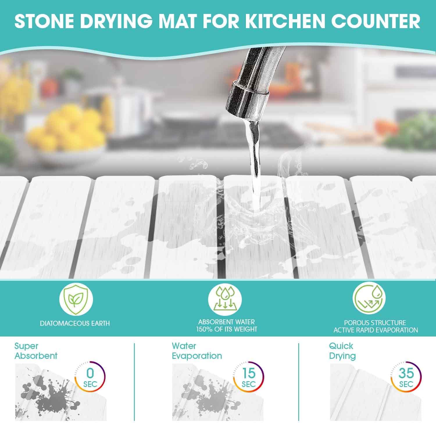 Dish Drying Mat Stone Bath Mat Diatomaceous Earth Stone Drying Mat For Kitchen Counter Sink Bath Mat Quick Dry Non Slip Foldable Dish Drying Rack Mat Small(16"×12" White)