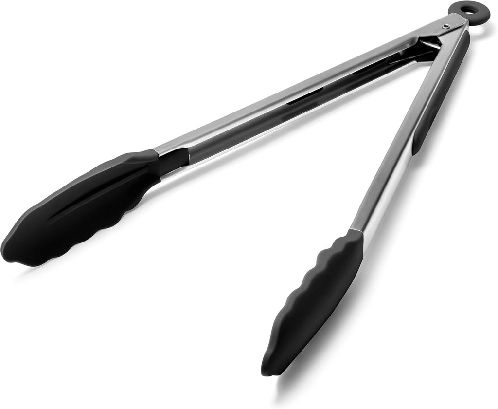 Doosu Kitchen Tongs for Cooking - 600°F Heat Resistant Food Tong with Non-Scratch Silicone Tips, Heavy Duty Stainless Steel Locking Tong for BBQ, Grilling Steak, Serving Salad, Pasta (12in, Black)