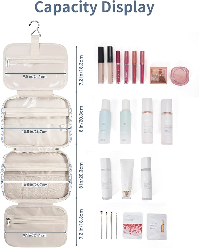 Narwey Hanging Floral Toiletry Bag for Women Travel Makeup Bag Organizer Toiletries Bag for Travel Size Essentials Accessories Cosmetics (Little Blue Flower (Medium))