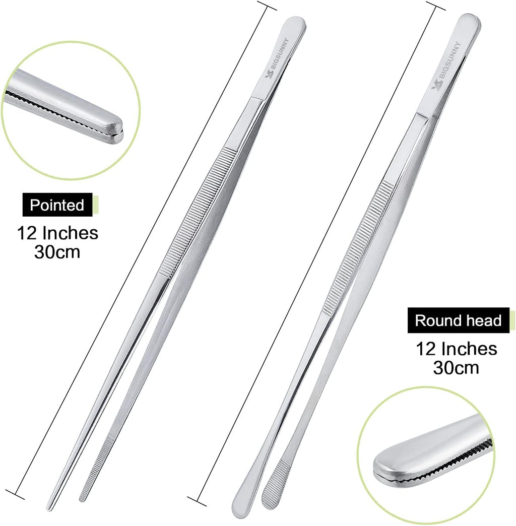 MSY BIGSUNNY Stainless Steel Food Tweezers Multi-function Cooking Tongs Kitchen Serving Tong (12" Round & 12" Pointed Tweezers)
