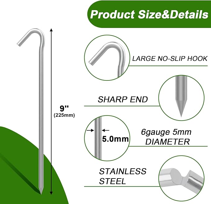 AAGUT Tent Stakes 9 Inch 8 Pcs Tent Pegs for Camping, Inflatable Metal Ground Galvanized Steel Stakes, Heavy Duty Camping Spikes, Outdoor Rug Stakes