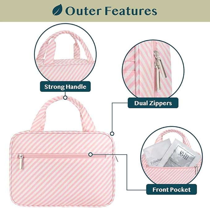 PAVILIA Hanging Toiletry Bag Travel Bag Women Men, Foldable Cosmetic Organizer, Roll up Makeup Bag, Water Resistant Accessories Toiletries, Large Travel Essentials Kit (Pink Stripe)