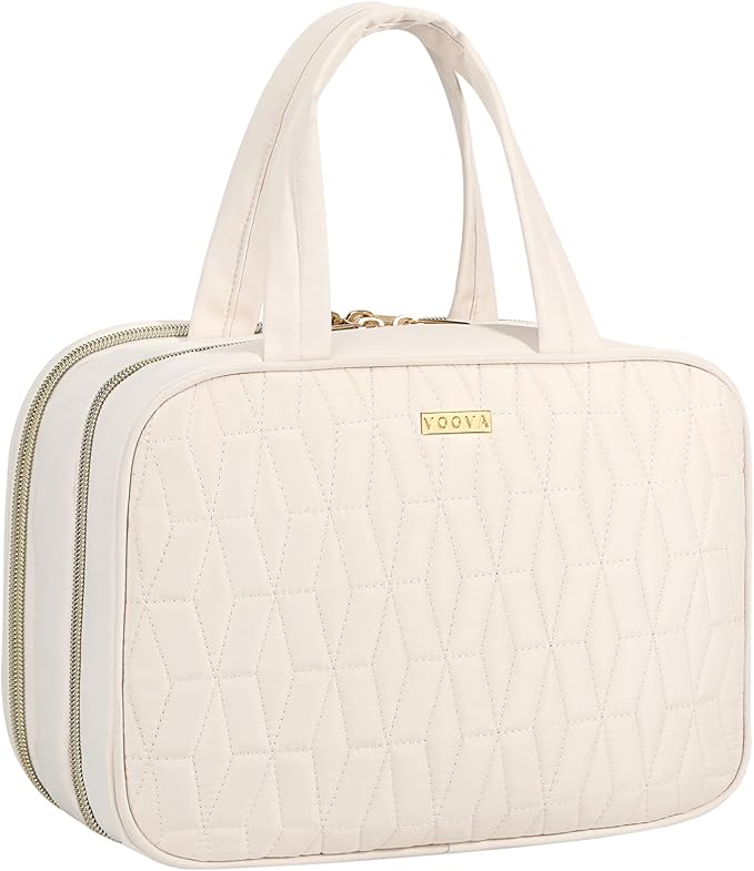 Voova Hanging Travel Toiletry Bag for Women Men, Waterproof Makeup Cosmetic Organizer Holder for Toiletries Accessories, Traveling Essentials,Shampoo,Full-Sized Container, Brushes Kit Set, Beige