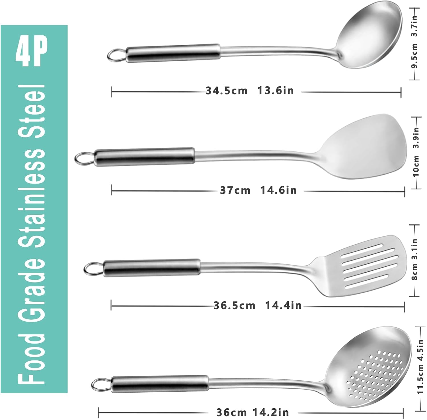 Pleafind 4-Pcs Cooking Utensils Set, Stainless Steel Kitchen Utensils, Wok Utensils Set Include Wok Ladle, Slotted Spoon, Wok Spatula and Slotted Spatula, Dishwasher Safe