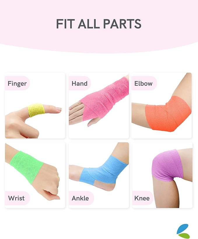 FriCARE Self Adhesive Bandage Wrap, Medical Tape in First Aid Kit, Cohesive Bandages for Wounds Sport Vet, FSA/HSA Eligible, 2 Inches X 5 Yards 6 Rolls, Fluorescent Color