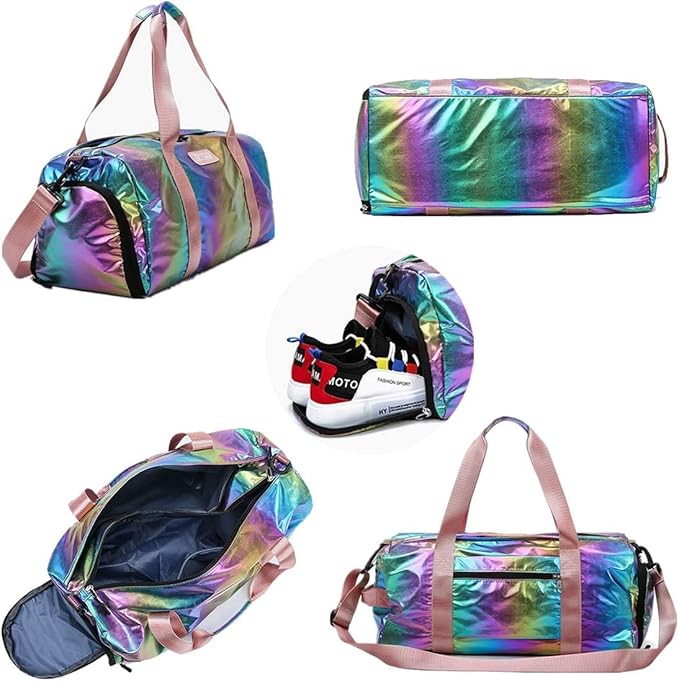 Gym Duffel Bag Women Overnight Medium Lightweight Foldable Weekender Travel Luggage Sport Athletic Water-Proof Dry Wet Shoe Compartment for Girls Kids, Rainbow, onesize