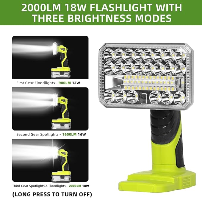 Working Light for RYOBI 18V Lithium-ion Battery, 2000LM 18W Flashlight with 3 Brightnesses, Aluminum Alloy Cordless LED Work Light for Camping, Emergency, Indoor, Outdoor...