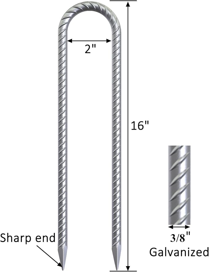 Trampoline Wind Stakes 16 Inch, 3/8" Diameter Heavy Duty U Shaped Rebar Tent Fence Stakes for Ground, Galvanized Trampoline Tie Down Anchor Kit 4 Pack