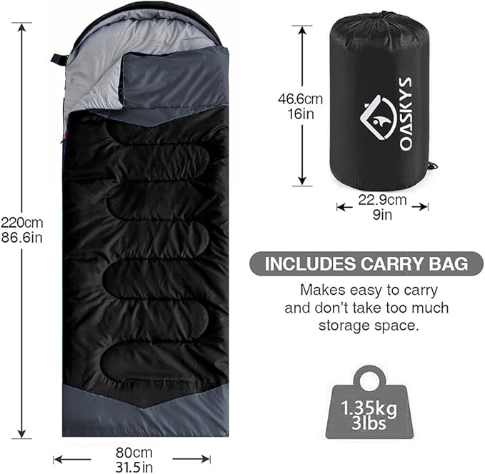 oaskys Camping Sleeping Bag - 3 Season Warm & Cool Weather - Summer Spring Fall Lightweight Waterproof for Adults Kids - Camping Gear Equipment, Traveling, and Outdoors