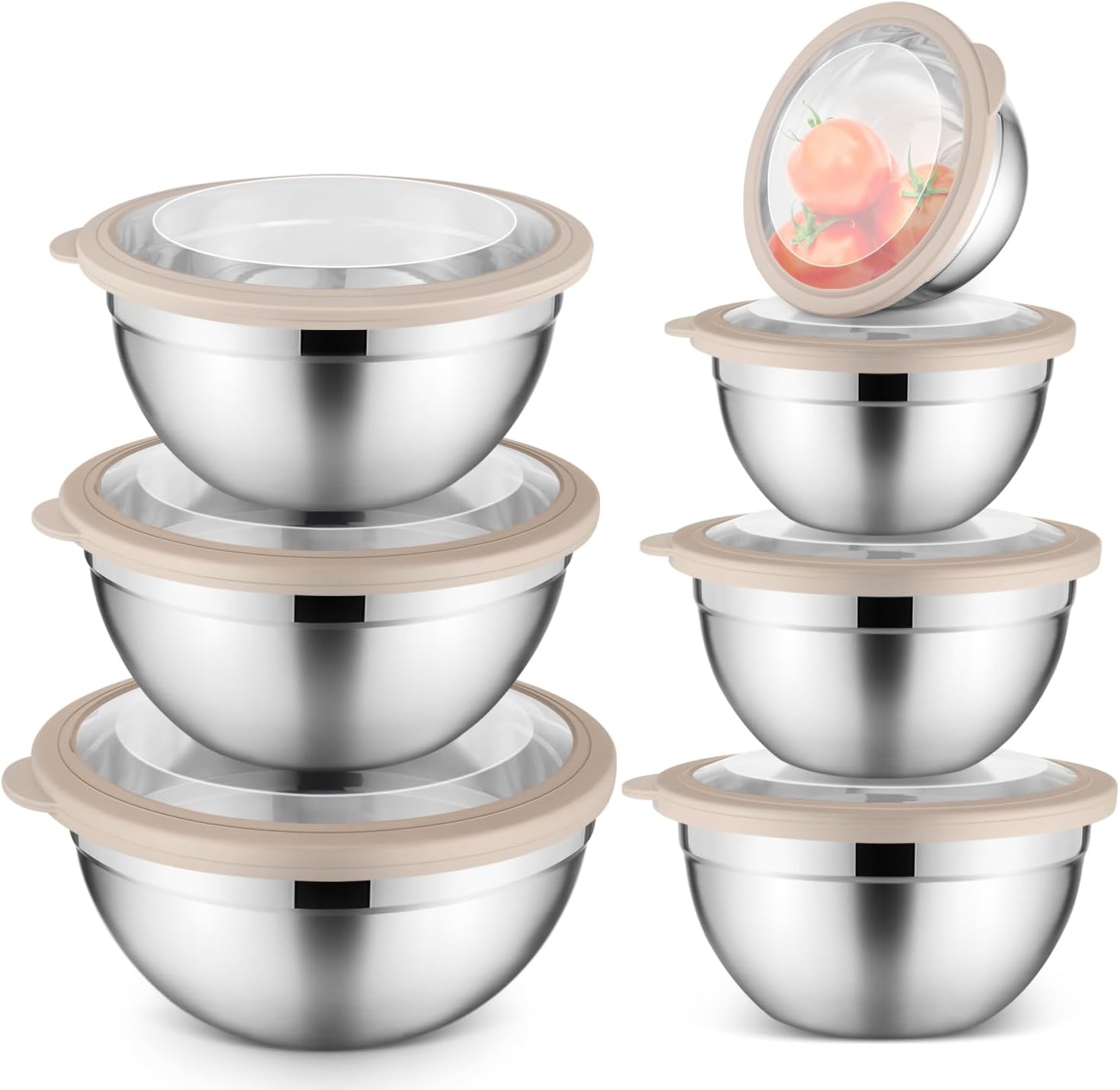 E-far Stainless Steel Mixing Bowls with Airtight Clear Lids Set of 7, Metal Nesting Bowls for Kitchen Prep, Baking, Cooking, Serving, Salad, Dishwasher Safe, Size 4.6, 3.5, 3, 2, 1.5, 1, 0.7QT, Khaki