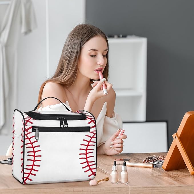 Sport Baseball Large Capacity Toiletry Travel Makeup Bag for Women Men, Ball Portable Waterproof Cosmetic Make up Case Organizer Bathroom Shower Bag with Handle Travel Accessories