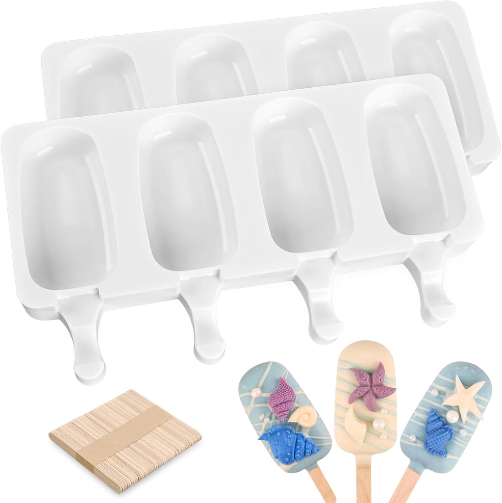 Sakolla 2 Pack Silicone Popsicle Molds, Larg Oval 4 Cavities Homemade Ice Pop Molds with 50 Wooden Sticks for Ice Cream, Cakesicles, Cake Pop (White)