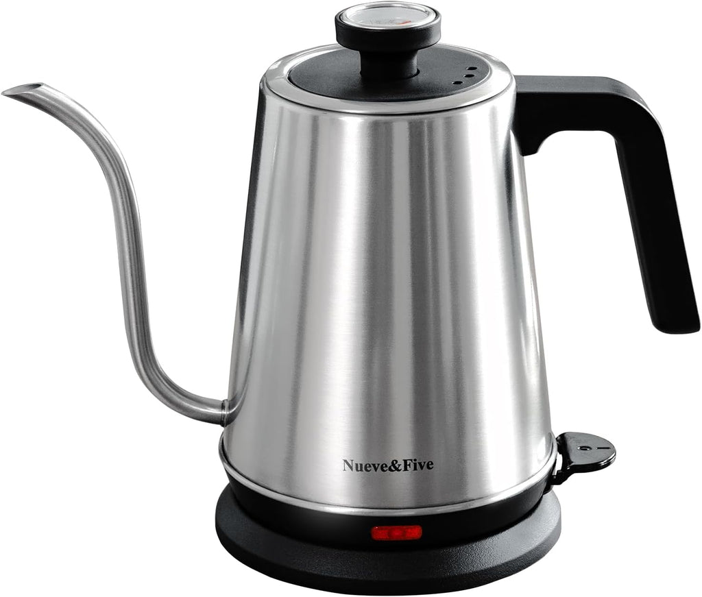 Nueve&Five Gooseneck Electric Kettle with Thermometer,Electric Tea Kettle 1L with Auto Shut-Off，1000W Hot Water Kettle of Stainless Steel,Pour Over Kettle for Coffee & Tea -Chrome