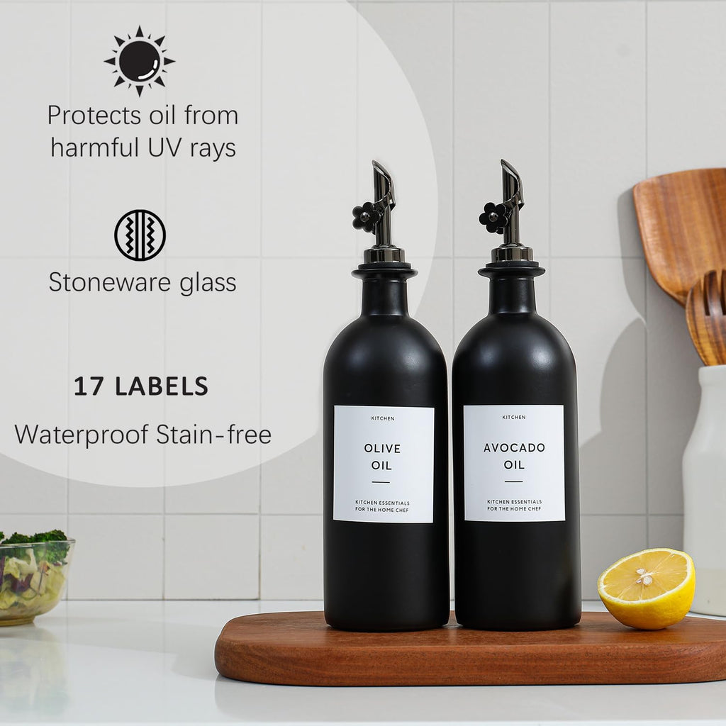 HOMCDALY Olive Oil Dispenser for Kitchen, 16oz Glass Oil Bottles with Bamboo Tray, Black Oil&Vinegar Cruet Set, Kitchen Dispenser Bottles with Pourer | Set of 2 (16oz – Black)