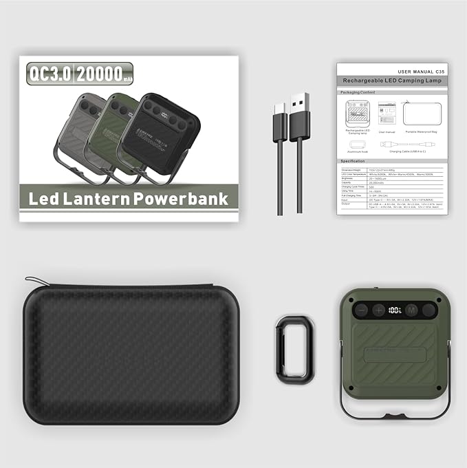 20000mAh Rechargeable LED Camping Lantern - 1600LM, QC3.0 22.5W, 4 - Color Switch, IPX5 Waterproof - Perfect for Camping, Hiking & Emergency Situations(Green)