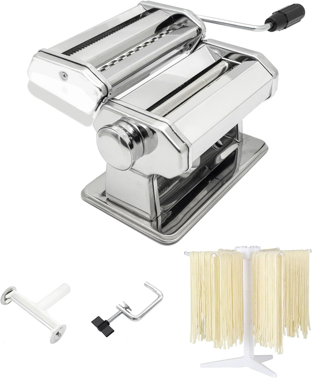 Pasta Maker Machine, 9 Adjustable Thickness Settings 2 in 1 Noodle Maker Dumpling Maker Machine Set with Dough roller, Pasta cutter, Pasta Drying Rack Attachment