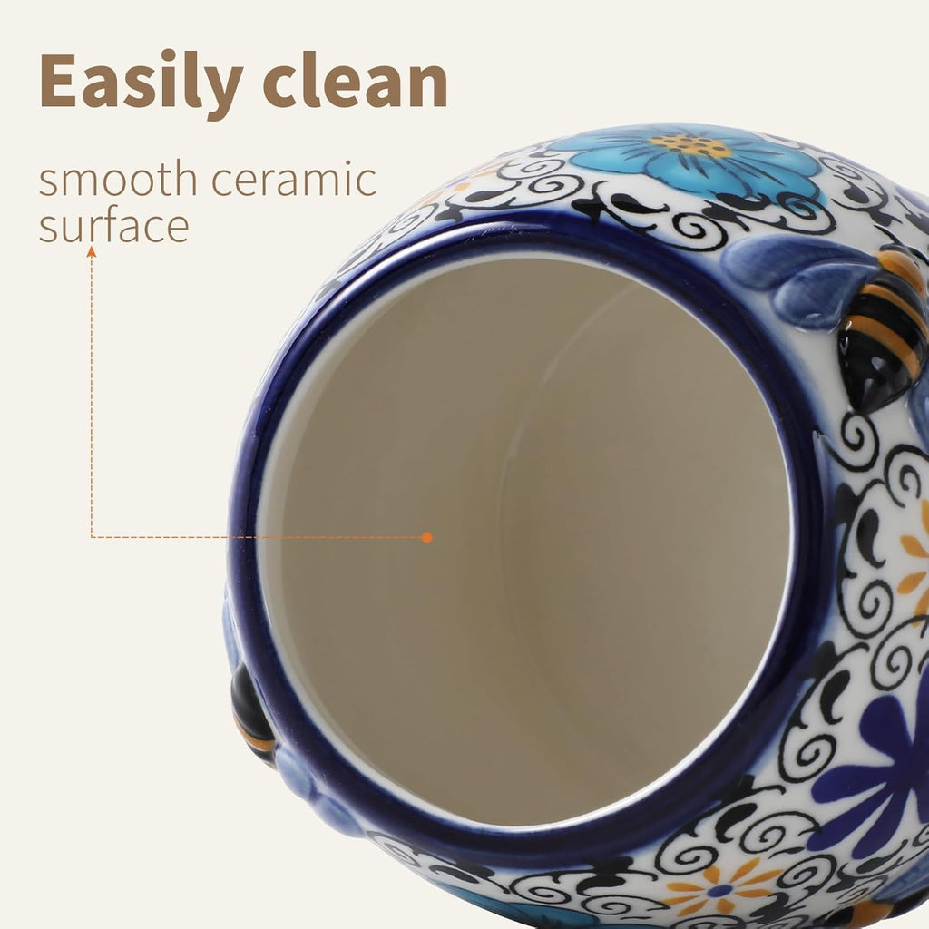 ZOOBEE 10oz Ceramic Honey Jar with Dipper Stick,Handpainted Honey Container for Storing Syrup,Small Mini Honey Pot with Bees,Disherwash Safe-Hidden Nook