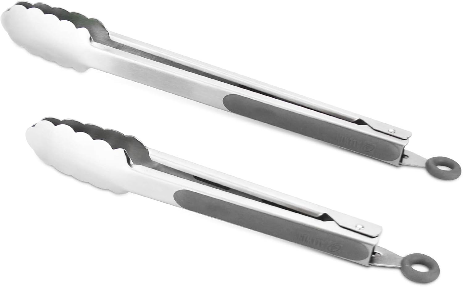 304 Stainless Steel Kitchen Cooking Tongs, 9" and 12" Set of 2 Sturdy Grilling Barbeque Brushed Locking Food Tongs with Ergonomic Grip, Grey