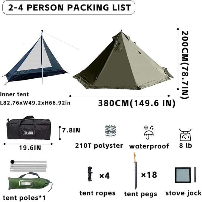 Camping Hot Tent with Wood Stove Jack Winter Teepee Tent 4 Season Backpacking Tent for Survival Hunting Military Fishing