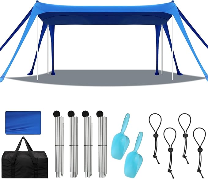 Beach Tent Sun Shelter UPF 50+ Beach Shade Canopy Pop up Tent Portable Cabana Outdoor with Aluminum Poles Sandbags Sand Shovel for Camping Fishing Trip Picnic Party