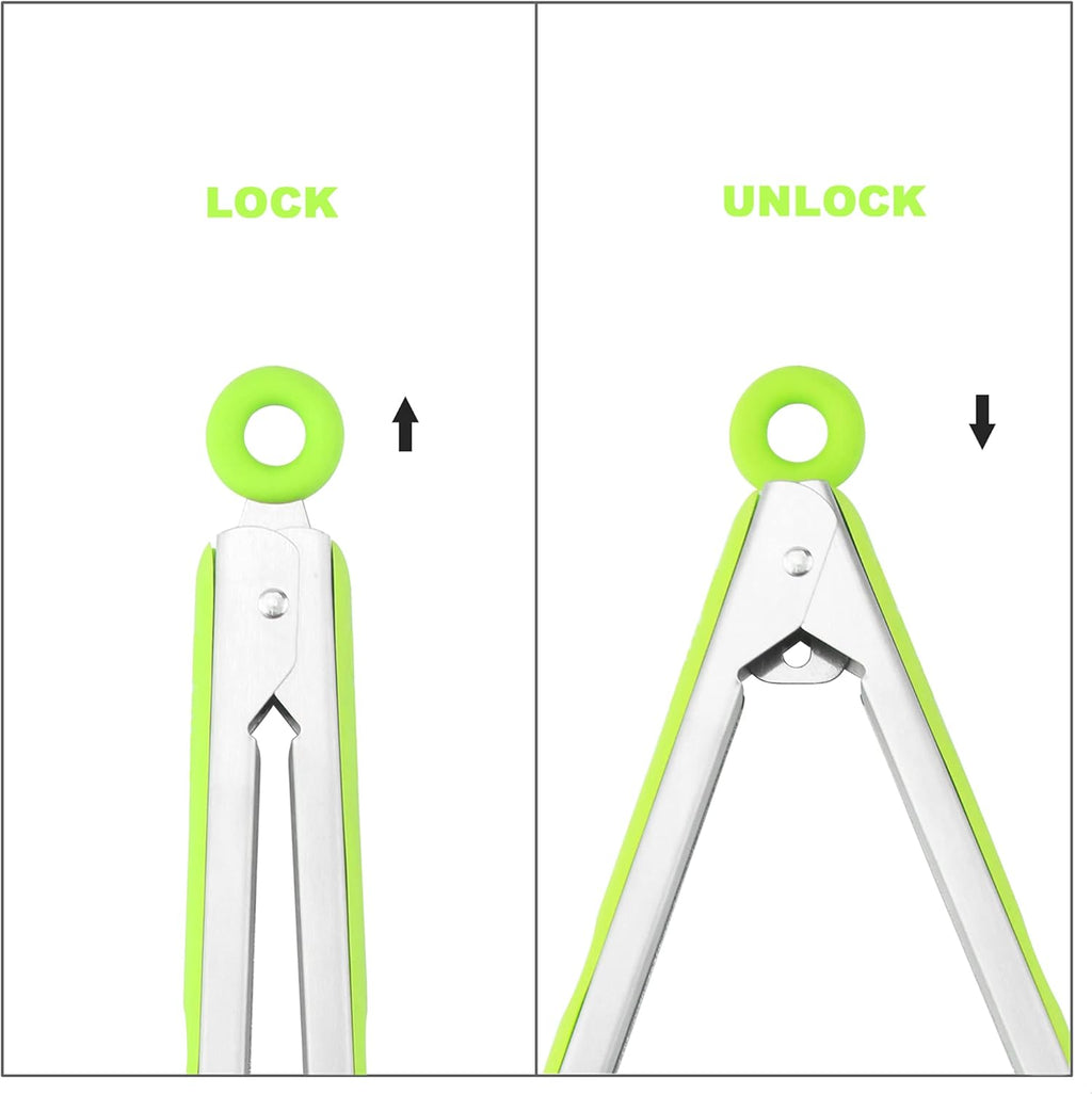 4 Pack Green Kitchen Tongs, Premium Silicone BPA Free Non-Stick Stainless Steel BBQ Cooking Grilling Locking Food Tongs, 9-Inch & 12-Inch