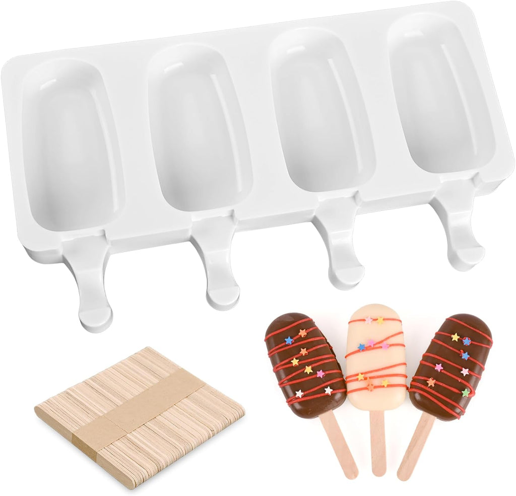 Sakolla Popsicle Silicone Mold, 4 Cavities Ice Pop Molds, Ice Cream Mold Oval Cake Molds with 50 Wooden Sticks