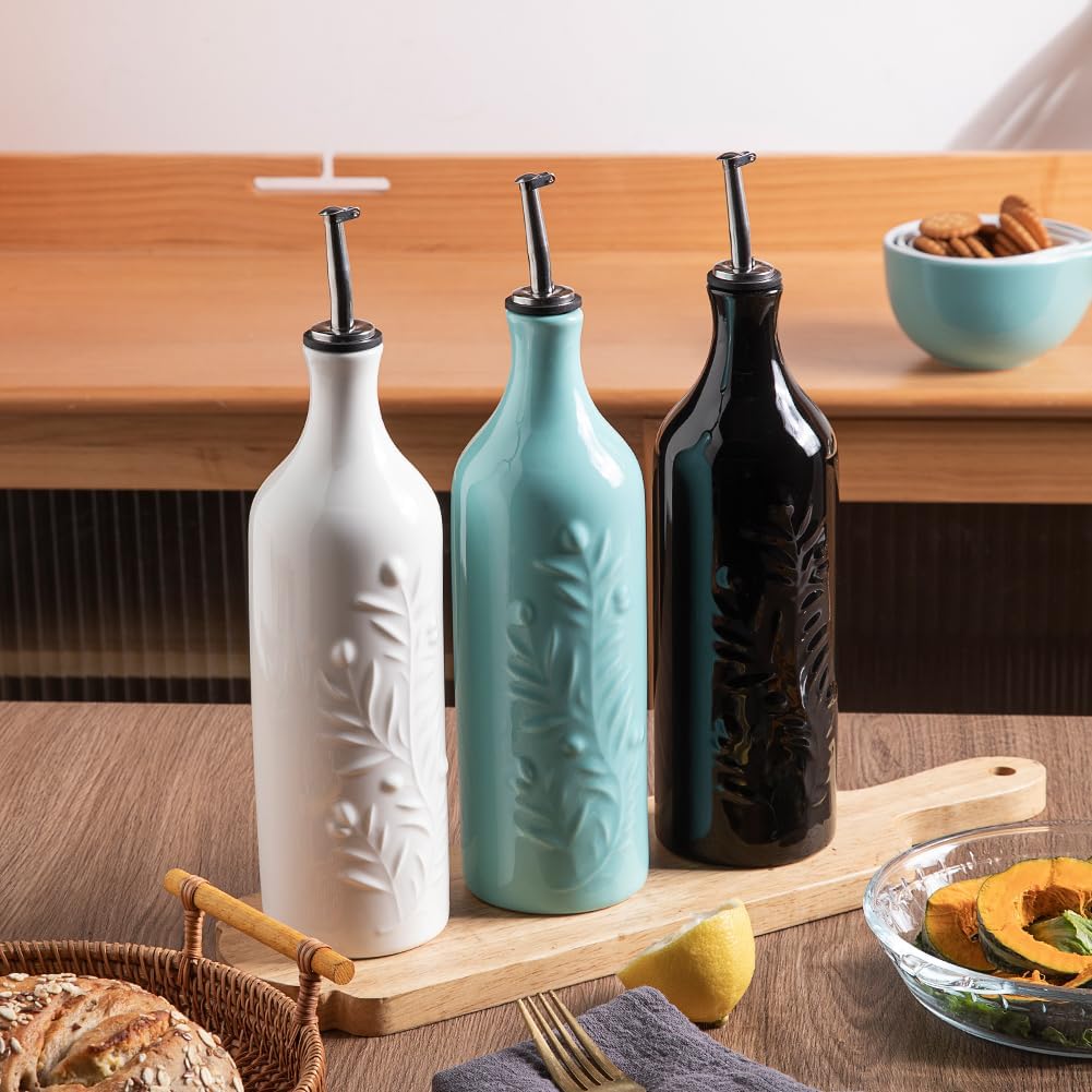 Sweejar Large Olive Oil Dispenser Bottle with Spout, 24 Oz Ceramic Oil Dispenser for Kitchen, Relief Opaque Oil Cruet, Oil Container for Cooking, EVOO, Avocado Oil, Vinegar, Pack of 1(Black)