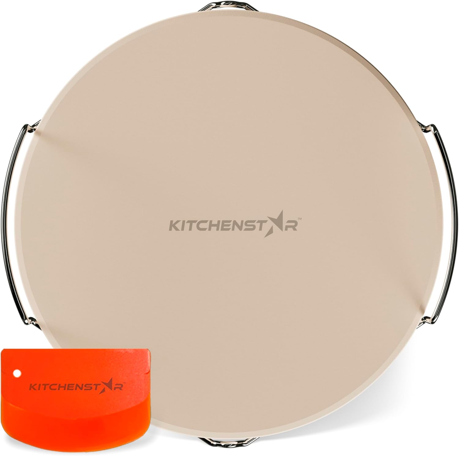KitchenStar 12-inch Pizza Stone for Oven and BBQ Grill with Handles, Round, 5/8" Thick - Natural Cordierite, 1800 °F Resistant, Baking Stone Set with Stainless Steel Rack & Plastic Scraper Tool