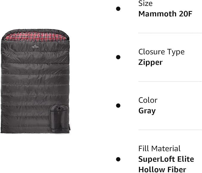 Teton Mammoth Queen Size Double Sleeping Bag- A Warm Bag The Whole Family can Enjoy – Great for Camping, Hunting and Base Camp. Compression Sack Included
