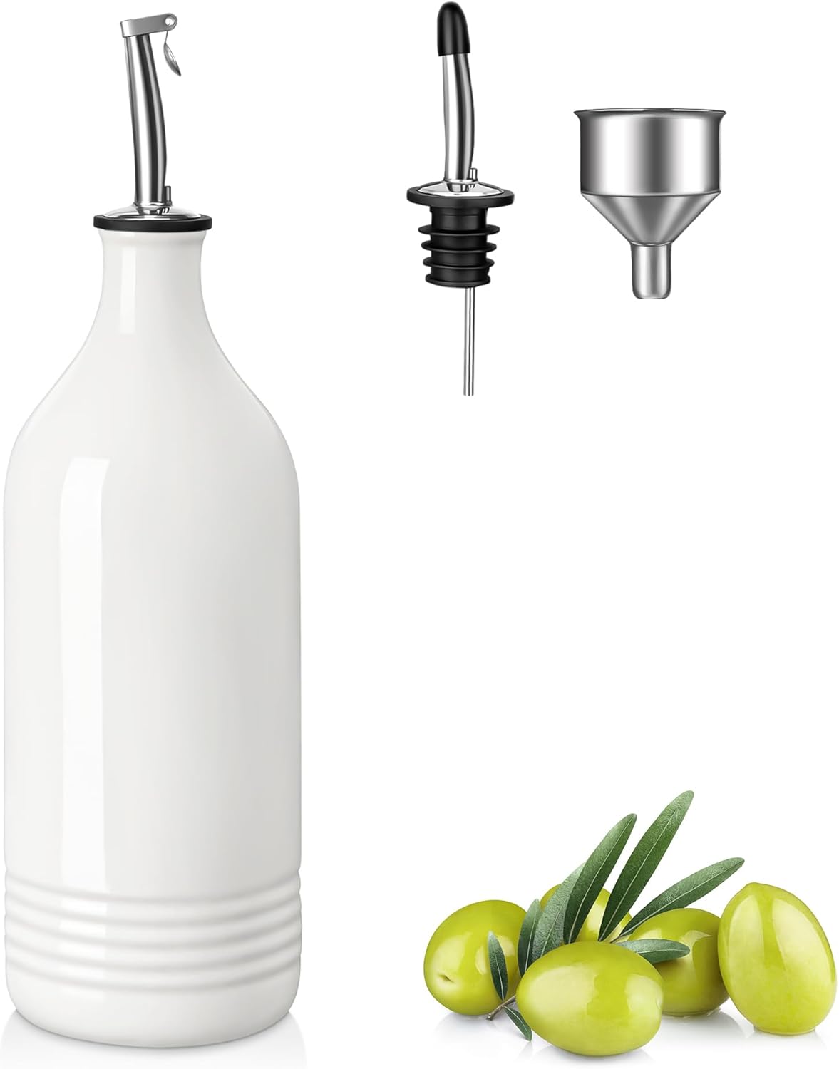 vancasso 20 Oz Ceramic Olive Oil Dispenser Bottle, Bottle Dispenser with Spout and Funnel for Kitchen,Suitable for Oil, Vinegar, Coffee Syrups & Other Liquids, White