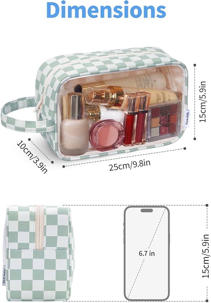 Narwey Checkered Clear Makeup Bag Cosmetic Bag with Zipper for Travel, Clear Toiletry Bags for Traveling Toiletries Women Men, Make Up Pouch with Handle, Skincare Bag (Mint Green Checkerboard)