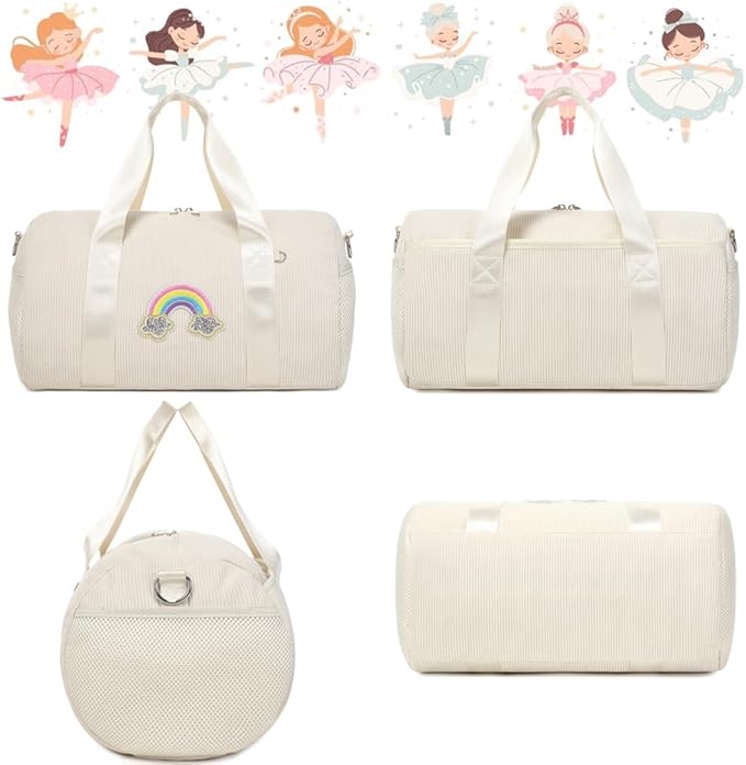 Dance Bag for Girls Dancers Ballet Bag Corduroy Rainbow Sports Duffle Bags for Kids Girls Ballerina Duffle with Shoulder Strap and Waterproof Wet Pocket
